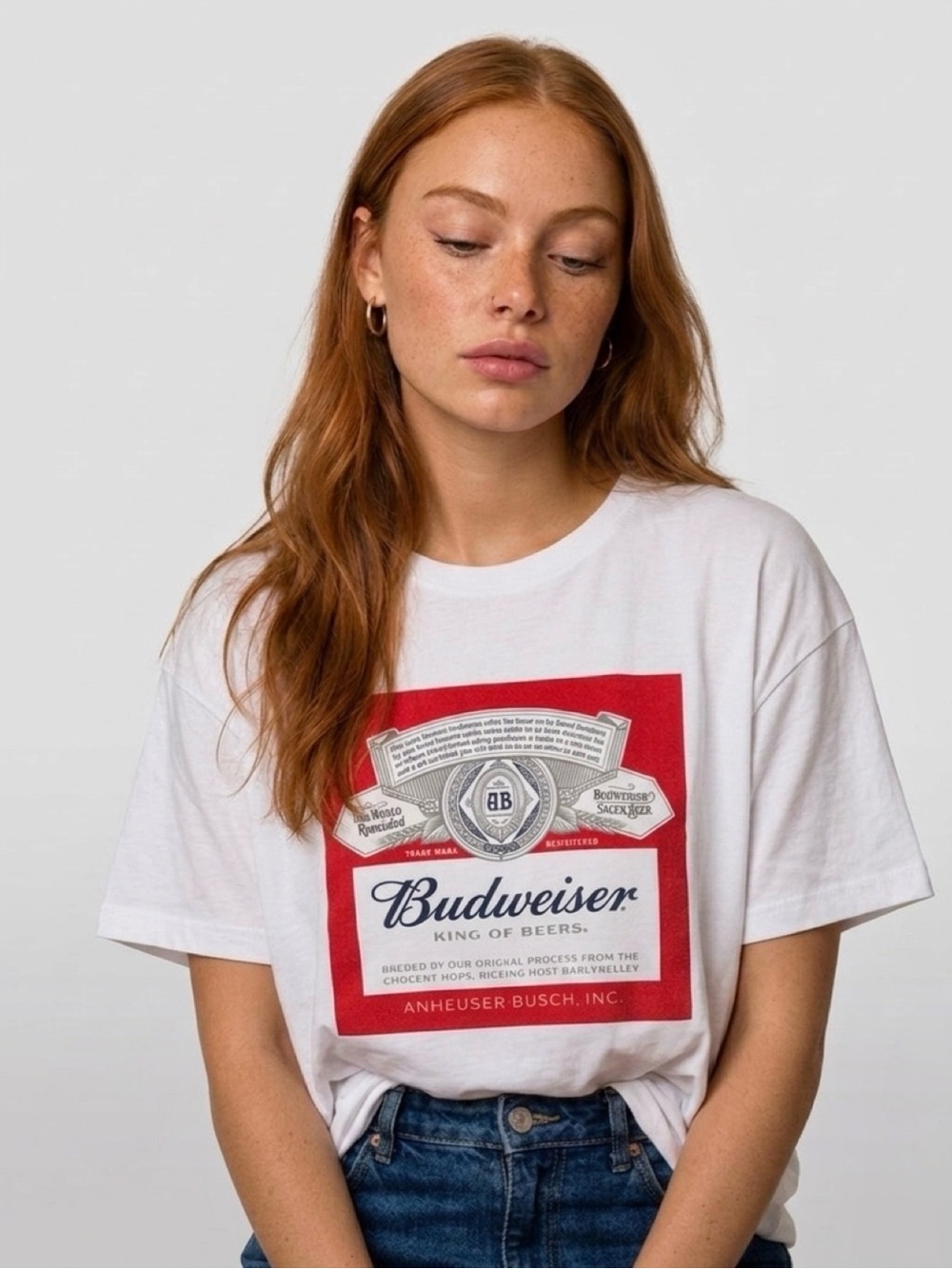 Budweiser King of Beer Large Graphic Tee T-Shirt White Y2K Fashion Cotton Top